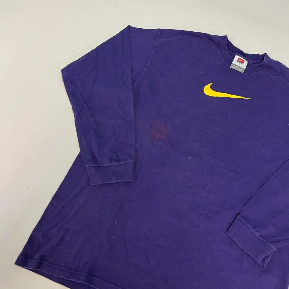 Vintage Nike Center Swoosh Long Sleeve Shirt Purple Yellow XL Y2K Team Tag Mens